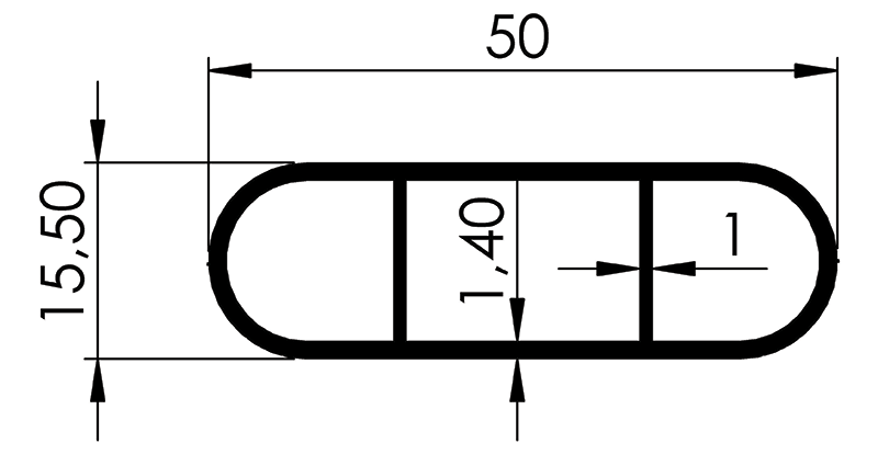 TUBO OBLONGO 50X15 PAREDE 1.4X INTERNA 1.0MM - NAT - KG - NH